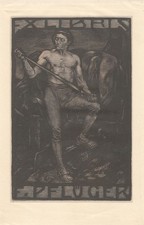 Exlibris Bookplate Gravure sur Bois Bruno Heroux 1868-1944 Nu Masculin Chevaux