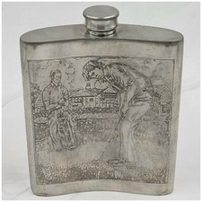 FLASQUE A WHISKY EN METAL ARGENTÉ TRIO PEWTER SHEFFIELD ENGLAND GOLF 1950  