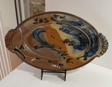 ANCIEN RARE GRAND PLAT OVALE TERRE CUITE VERNISSEE JASPEE CUISINE ART POPULAIRE