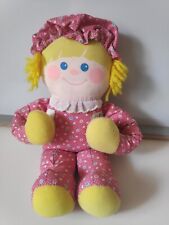 Peluche doudou poupée chiffon rose jaune pois scratch grelot Fisher price 1984 