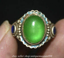 2" Old Chinese Silver Inlay Green Jade Dynasty Palace jewelry finger ring