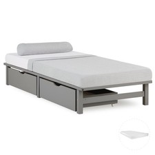 Cadre de lit 90x200 cm Simple Matelas 2 Tiroirs Gris en Bois Sommier Homestyle4u
