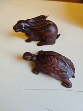 Figurines Bois Sculpté de tortue + Lapin des art populaire Asiatique 1930-40 