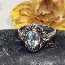 Bague Art Déco Argent 925 Topaze Marcassites Taille 56