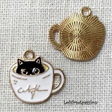 LOT de 2 CHARM / BRELOQUE / PENDENTIF, CHAT NOIR, TASSE CAFÉ, DORÉ ÉMAILLÉ - 128