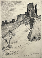 CHATEAU CORFE Angleterre DESSIN ORIGINAL signé EUGENE DELECLUSE Castle XX°