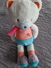 doudou peluche ours blanc orange vert bleu brodé oiseau OUATOO 31cm 