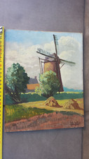 Ancien charmant tableau vintage huile sur bois MOULIN A VENT signé.