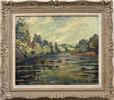 PIERRE DUMONT TABLEAU 1910/20 PAYSAGE REFLETS SUR LA SEINE ÉCOLE DE ROUEN 15F