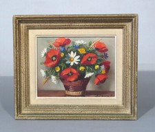 Vintage French Oil Painting Bouquet Flowers Poppies Daisies Cornflowers Signed