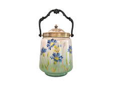 Seau à biscuits biscuitier boîte pot en verre émaillé bleuets Art Nouveau 1900