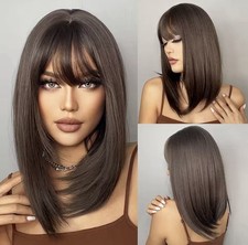 Perruque Synthétique Brune Marron Foncé Wig Courte Cheveux Raides 35cm