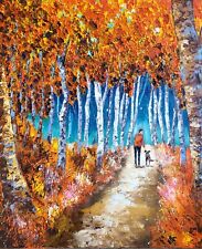 Grand Tableau de Nolac 61X50 cm peinture au couteau Promenade automnale chien