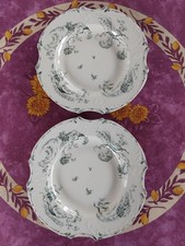 2 Assiettes Octogonales Terre de Fer Faience Gien Déco Oiseaux Fleur Vert 26,5cm