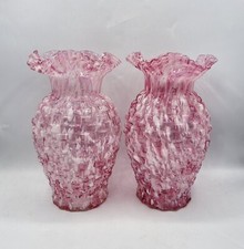 Grande paire de vases verre soufflé moulé moucheté blanc rose Clichy début XXème