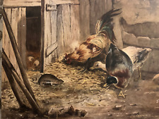 Basse-cour , coq & canards & rat . Aquarelle - gouache . Signé - Début XXe