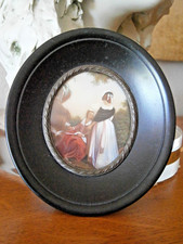 Ancienne miniature- La lecture-cadre ovale en bois noir- verre bombé