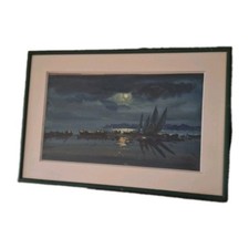  Peinture tableau Abstrait Paysage Vue Mer, Couché Du Soleil  encadré signé