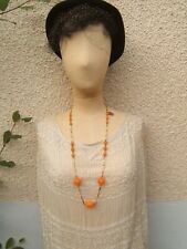 ancien collier sautoir perles en bakélite orange Simone Claude Paris