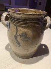 Ancien grand pot à graisse Gravé poterie vernissée bleue d'Alsace Betschdorf