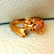 BAGUE Plaqué OR poinçonné tête léopard panthere félin strass T50 NEUF superbe !!