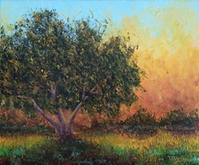 Tableau huile sur toile - Arbre et couché de soleil - Paysage
