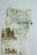 Technique mixte, dessin sur papier, Les tours, signature à déchiffrer, 1985.