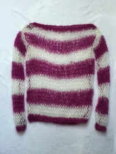 PULL PUNK MOHAIR ROSE PRUNE ET BLANC TRICOTÉ MAIN