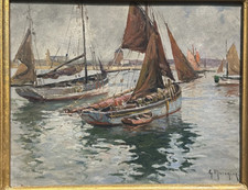 BATEAUX DE PECHE A CAMARET signé MARONIEZ tableau peinture mer marine BRETAGNE