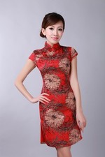 Jolie Mini Robe Chinoise Qi-Pao Rouge en Lin Imprimé à FleursTailles au choix