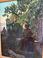 Nourrice aux enfants au jardin,  peinture huile sur panneau bois,  XIXème