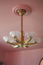 suspension art déco, lustre 6 feux globe verre Ezan, lustre bronze art déco