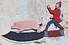 Ancienne ENSEIGNE de Vitrine bois découpé BOUCHERIE CHARCUTERIE Années 40