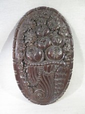 ANCIEN PANNEAU OVALE BOIS DE CHENE SCULPTEE CORNE D' ABONDANCE DE FRUITS 