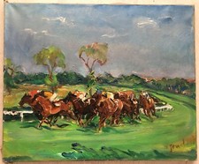 Tableau peinture Adrienne JOUCLARD chevaux la course au Tremblay