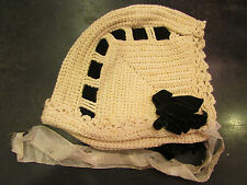 ravissant ancien bonnet de bébé enfant tricot ruban noeuds velours noir 