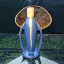 Vase Céramique Deux Anses Bleu Jaune ART DÉCO 1930s Mid-Century Modern Poterie
