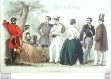 Gravure Mode Le Progres 1855- 8 (Old Fashion plate) Rare chasse Amazone