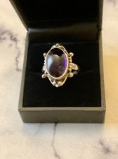 ANCIENNE BAGUE UNIQUE ARGENT MASSIF OUVRAGÉ - VÉRITABLE AMÉTHYSTE CABOCHON - T55