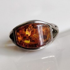 ancienne bague en argent massif 925 avec cabochon en véritable ambre taille 53