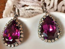 Boucles d'oreilles anciennes cristal violet argenté dormeuses pendants