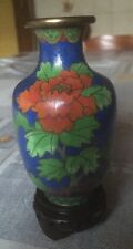 Ancien Vase chinois émaux cloisonnés bleu laiton