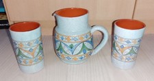 Pichet + 2 Verres Terre Cuite Peint Main Signé L.Ovka? Maroc