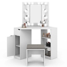 Coiffeuse d'angle ZELIA blanche 3 miroirs LED, 3 étagères, 1 tiroir, 1 caisson d