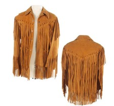 Veste hippie à franges en cuir daim véritable pour hommes manteau marron...