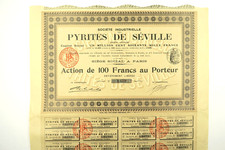 SOCIETE INDUSTRIELLE DES PYRITES DE SEVILLE ACTION DE 100 FRANCS PARIS 1912