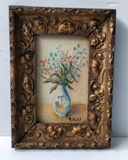 CADRE DORE DECOR EN RELIEF PAVOT TABLEAU AQUARELLE BOUQUET FLORAL SIGNE MICHEL