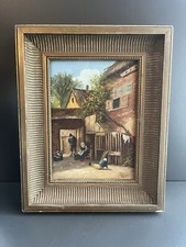 Tableau Huile sur panneau scène cour de ferme cadre à canaux en bois