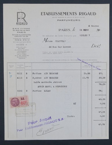 Facture 1940 parfumeurs - facture,