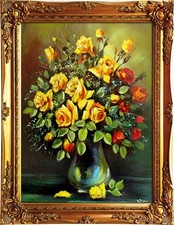 Jaune Roses- Peinture À L'Huile Peint à la Main Cadre Signé 47x37cm Image Déco,